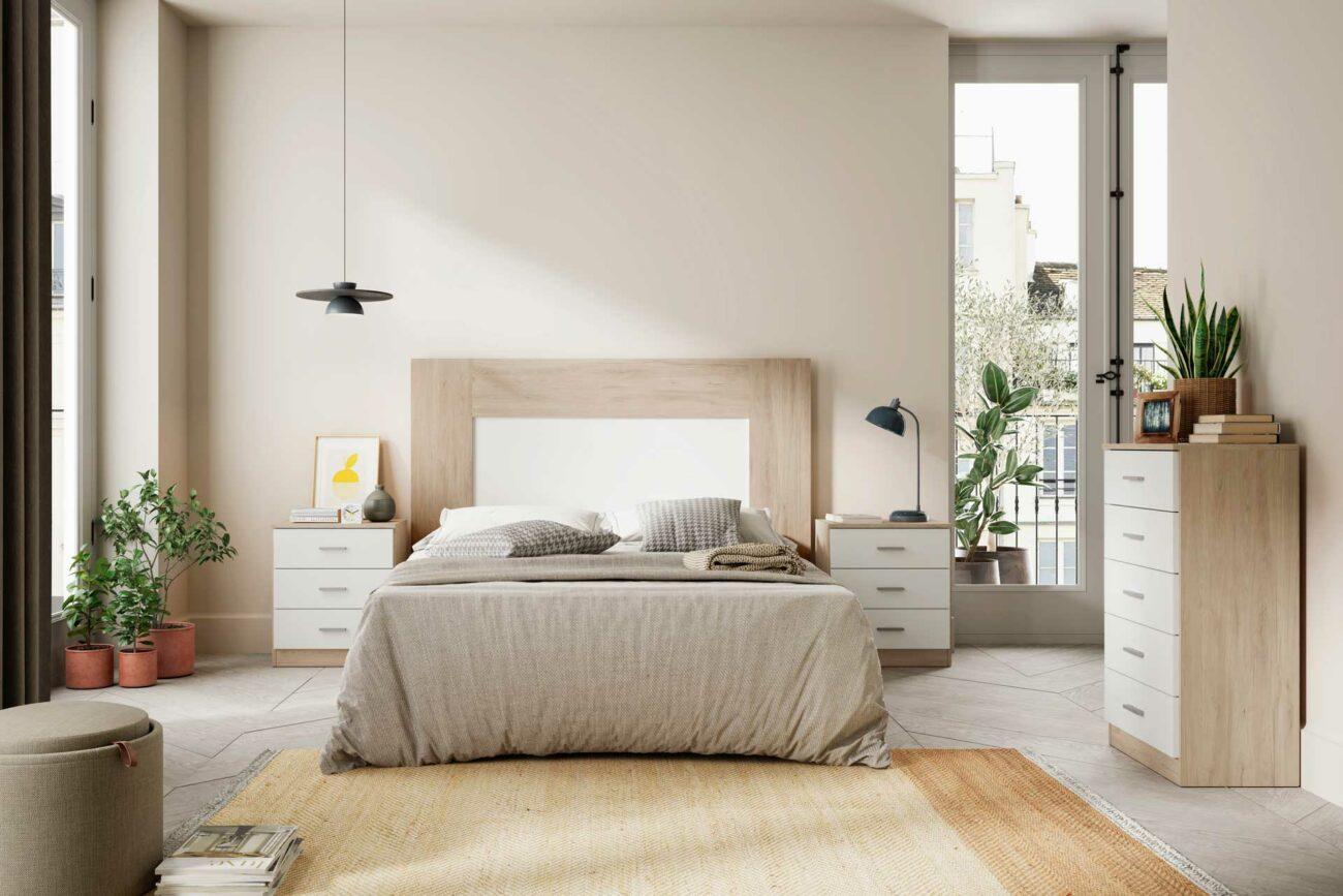 Dormitorio blanco y madera clara