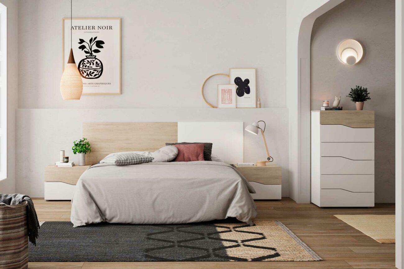 Dormitorio blanco y madera clara